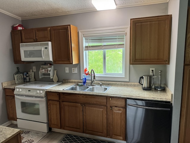 kitchen featuring white appliances, a sink, ornamental molding, light countertops, and light wood-style floors