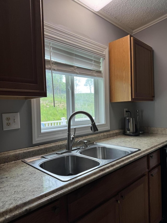 kitchen featuring a sink, ornamental molding, and light countertops