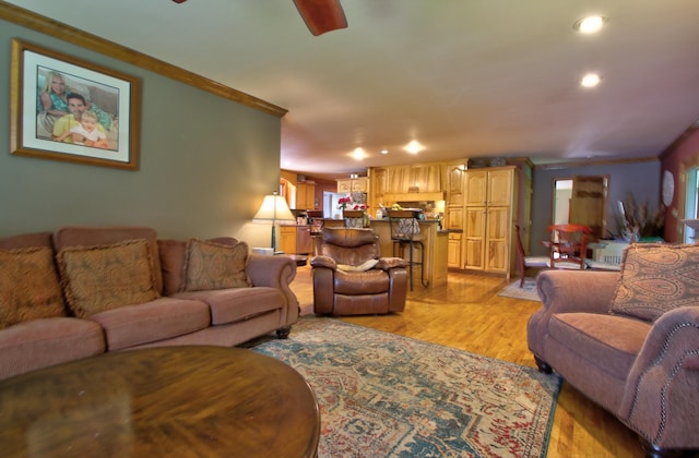 73 Redwood Ln, East Bernstadt, KY 40729 - living area featuring light wood finished floors, recessed lighting, ornamental molding, and ceiling fan