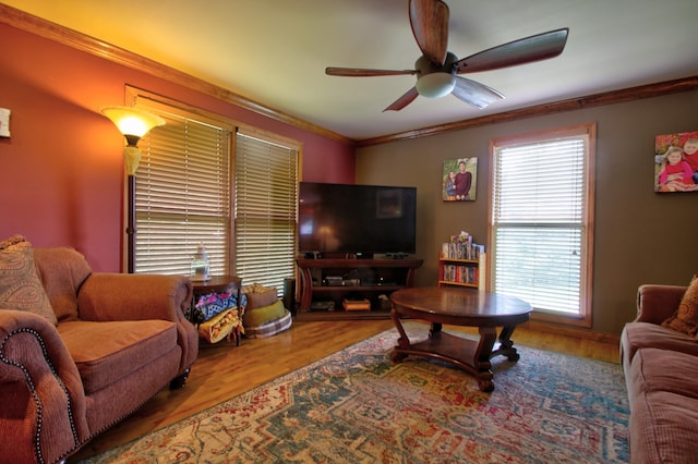 73 Redwood Ln, East Bernstadt, KY 40729 - living area featuring a ceiling fan, plenty of natural light, ornamental molding, and wood finished floors