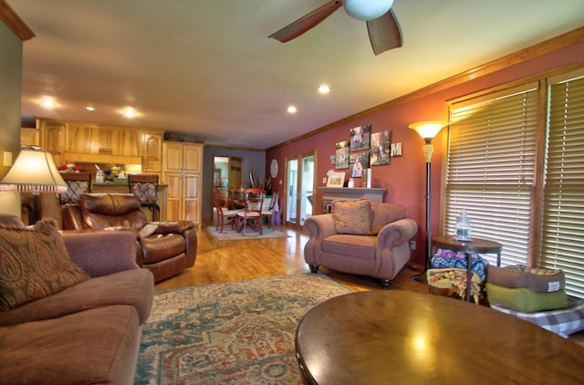 73 Redwood Ln, East Bernstadt, KY 40729 - living room featuring crown molding, a ceiling fan, light wood finished floors, recessed lighting, and french doors