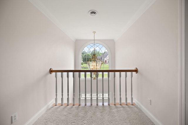 187 Woodside Dr, Somerset, KY 42503 - stairs featuring carpet flooring, baseboards, a chandelier, and crown molding