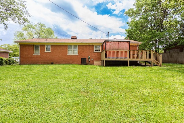 1026 Arapaho Trl, Frankfort, KY 40601 - rear view of house with a wooden deck, cooling unit, a chimney, crawl space, and brick siding