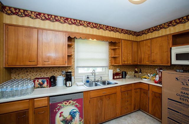 1026 Arapaho Trl, Frankfort, KY 40601 - kitchen with open shelves, dishwashing machine, white microwave, and a sink
