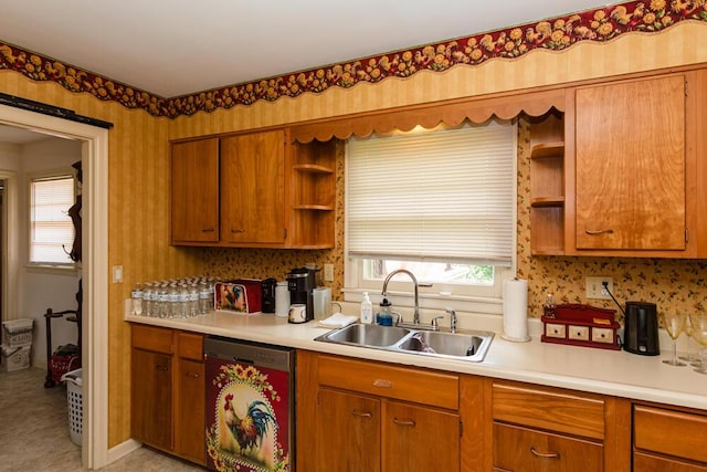 1026 Arapaho Trl, Frankfort, KY 40601 - kitchen featuring open shelves, dishwasher, a sink, light countertops, and brown cabinets