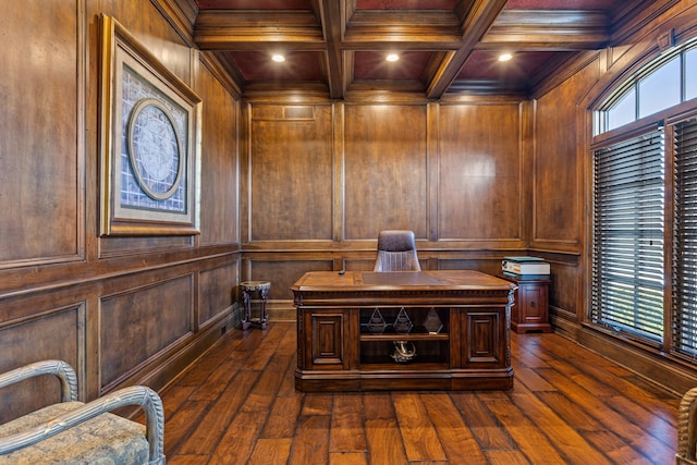 home office with wood ceiling, dark wood-type flooring, beam ceiling, recessed lighting, and ornamental molding