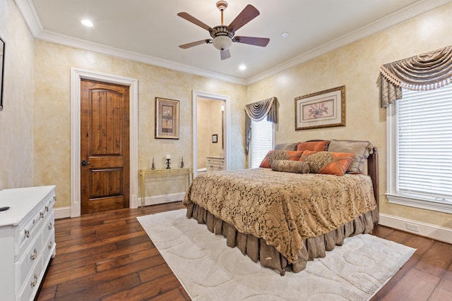 bedroom with dark wood-style flooring, ornamental molding, ensuite bath, baseboards, and recessed lighting