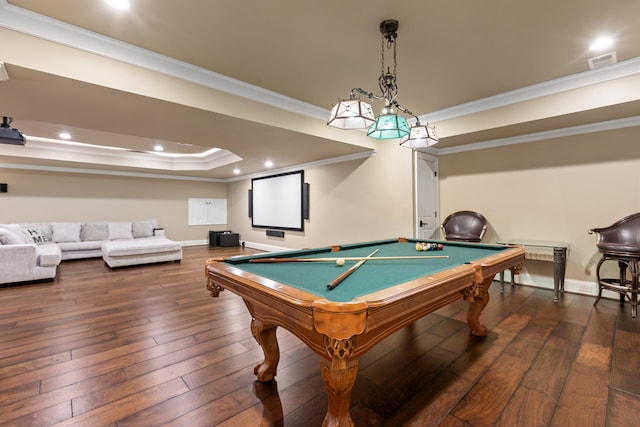playroom with ornamental molding, billiards table, wood-type flooring, baseboards, and recessed lighting
