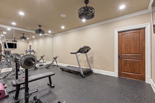 workout room with crown molding, baseboards, and recessed lighting