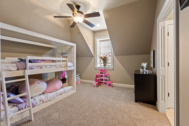 carpeted bedroom with baseboards, recessed lighting, a ceiling fan, and vaulted ceiling