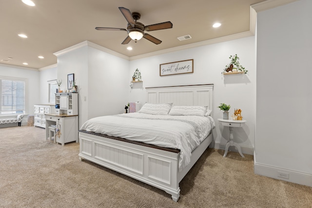 bedroom featuring light carpet, ornamental molding, recessed lighting, a ceiling fan, and baseboards
