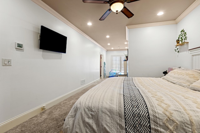 bedroom with ornamental molding, carpet floors, baseboards, recessed lighting, and ceiling fan