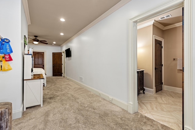 hall with ornamental molding, recessed lighting, and baseboards