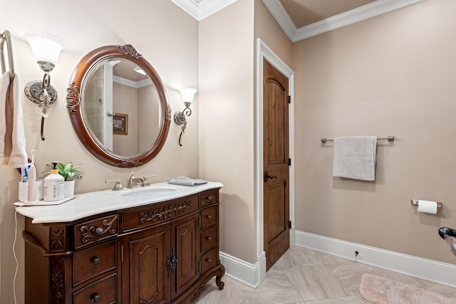 bathroom with ornamental molding, marble finish floors, vanity, and baseboards