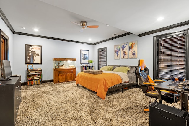 bedroom with ornamental molding, carpet floors, baseboards, recessed lighting, and a ceiling fan