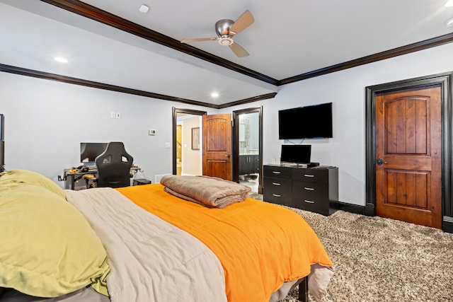 bedroom with crown molding, a desk, recessed lighting, ceiling fan, and baseboards