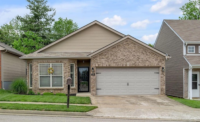 view of front of home featuring brick siding, concrete driveway, a garage, and a front lawn