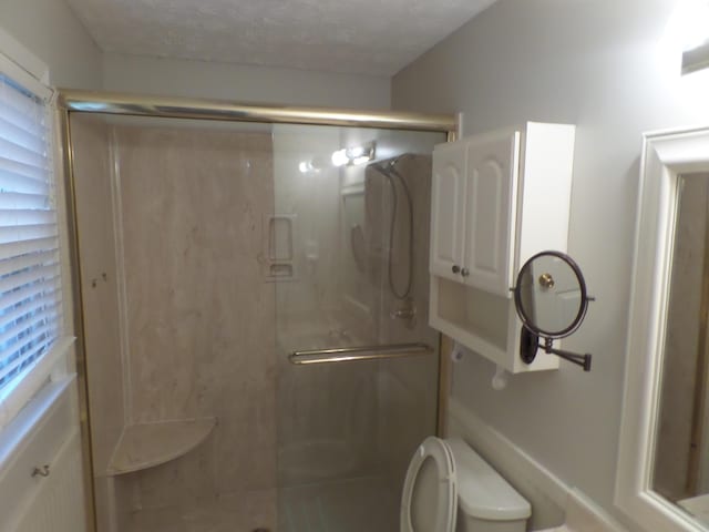 bathroom with a stall shower and toilet