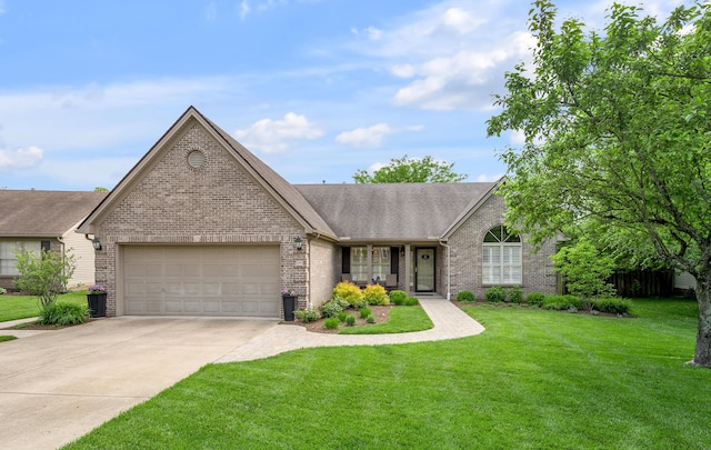 view of front of property featuring brick siding, driveway, a front yard, a garage, and roof with shingles