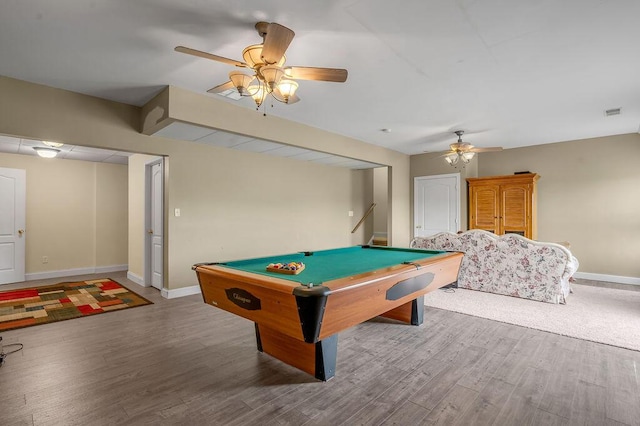 playroom featuring ceiling fan, wood finished floors, baseboards, and billiards table