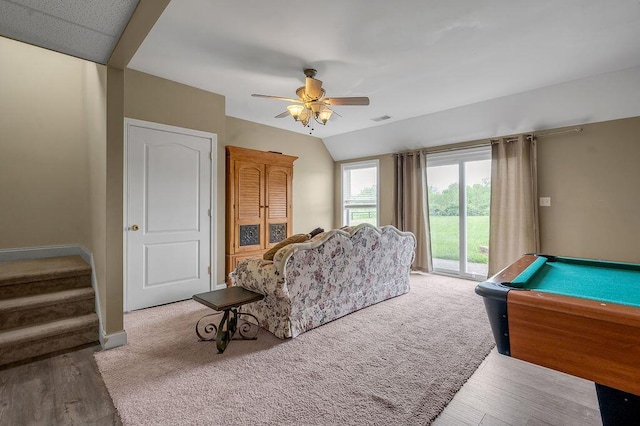 1100 Lloyd Rd, Georgetown, KY 40324 - recreation room with ceiling fan, wood finished floors, baseboards, and carpet flooring