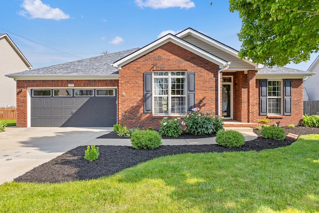 single story home featuring brick siding, a garage, and driveway
