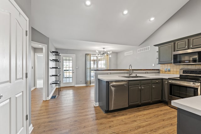 kitchen with stainless steel appliances, a sink, a peninsula, backsplash, and light wood-style flooring