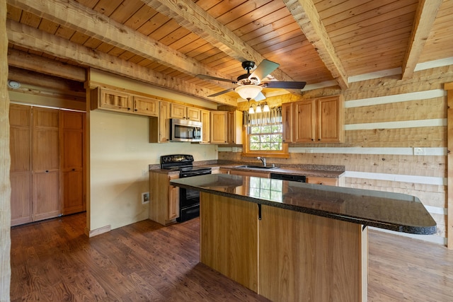 1648 Burdette Knob Rd, Lancaster, KY 40444 - kitchen with stainless steel microwave, black / electric stove, a sink, wooden ceiling, and a kitchen island