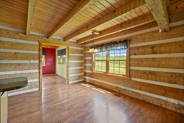 1648 Burdette Knob Rd, Lancaster, KY 40444 - unfurnished living room with beam ceiling, wooden ceiling, wood walls, wood finished floors, and baseboards