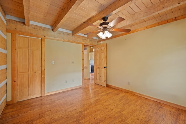 1648 Burdette Knob Rd, Lancaster, KY 40444 - unfurnished bedroom with wood ceiling, light wood-type flooring, beamed ceiling, baseboards, and ceiling fan
