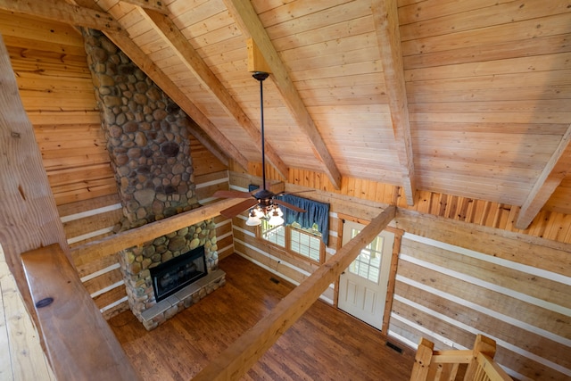 1648 Burdette Knob Rd, Lancaster, KY 40444 - unfurnished living room with wooden ceiling, wood finished floors, a stone fireplace, and a ceiling fan