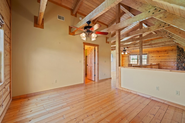1648 Burdette Knob Rd, Lancaster, KY 40444 - unfurnished living room with wood ceiling, beam ceiling, ceiling fan, hardwood / wood-style flooring, and high vaulted ceiling