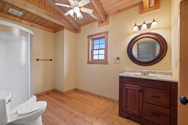 1648 Burdette Knob Rd, Lancaster, KY 40444 - full bath with wood ceiling, a stall shower, toilet, ceiling fan, and hardwood / wood-style flooring