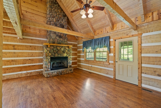 1648 Burdette Knob Rd, Lancaster, KY 40444 - unfurnished living room featuring wood ceiling, a fireplace, wood finished floors, wooden walls, and ceiling fan