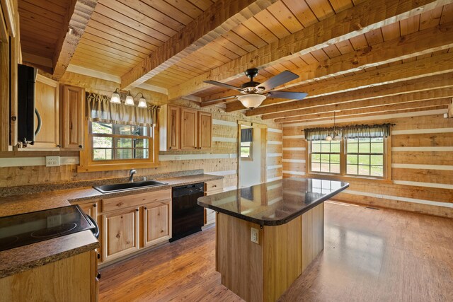 1648 Burdette Knob Rd, Lancaster, KY 40444 - kitchen with dishwasher, a sink, light wood-type flooring, light brown cabinetry, and wooden walls