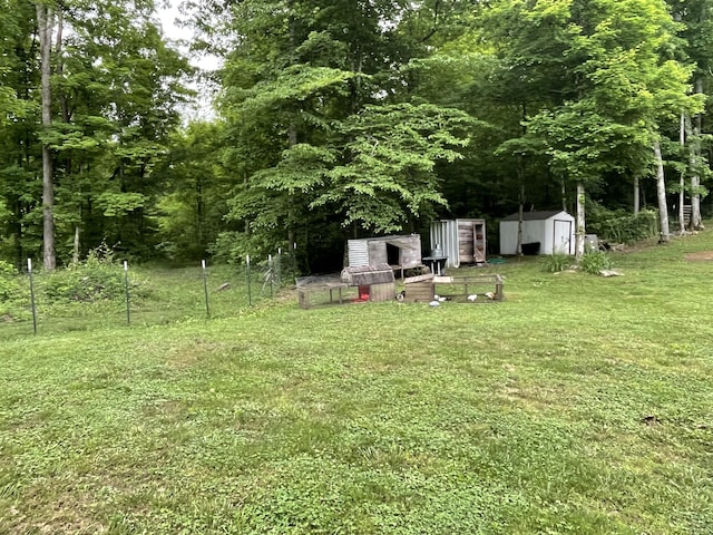 view of grassy yard featuring a shed and an outdoor structure
