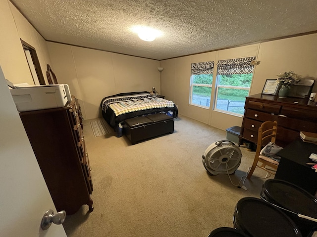 bedroom with carpet floors and a textured ceiling