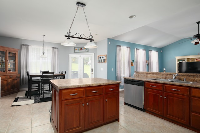 1335 Curtis Pike, Richmond, KY 40475 - kitchen with stainless steel dishwasher, a sink, light tile patterned floors, ceiling fan, and pendant lighting