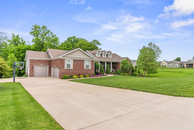 view of front of property with a garage, brick siding, a front lawn, and concrete driveway