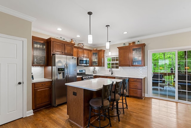 kitchen featuring appliances with stainless steel finishes, a sink, tasteful backsplash, dark wood finished floors, and crown molding