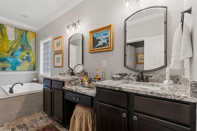 bathroom with crown molding, double vanity, and a bath
