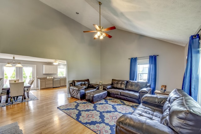 44 Gwinn Island Cir, Danville, KY 40422 - living area featuring ceiling fan, high vaulted ceiling, light wood-style floors, and plenty of natural light