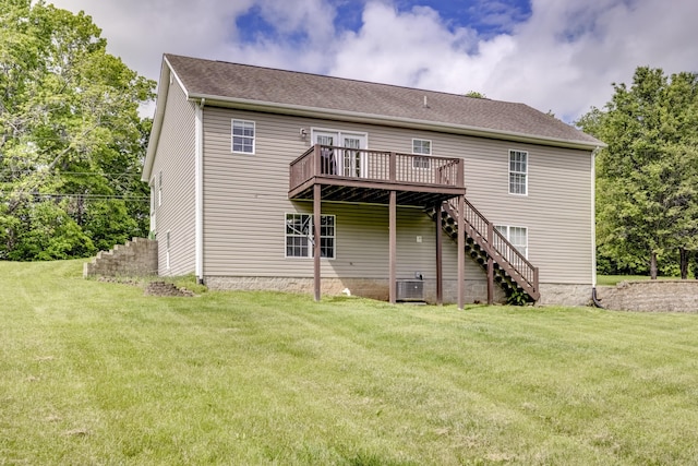 44 Gwinn Island Cir, Danville, KY 40422 - back of property with a wooden deck, stairway, central AC, and a yard
