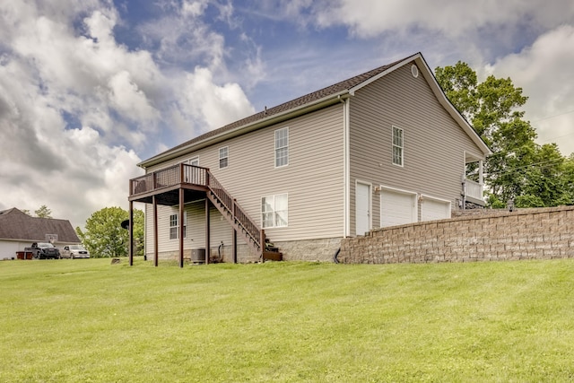 44 Gwinn Island Cir, Danville, KY 40422 - back of property with a garage, a deck, a yard, stairs, and cooling unit