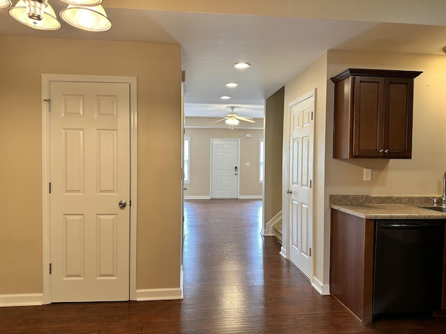 3804 Polo Club Blvd, Lexington, KY 40509 - kitchen with dishwasher, dark wood-type flooring, dark brown cabinets, recessed lighting, and a ceiling fan