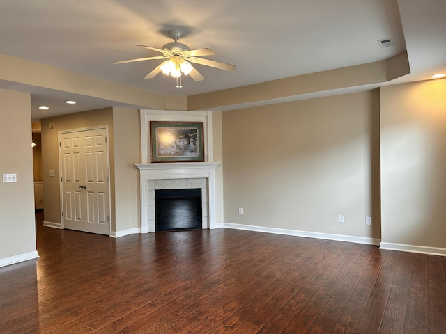 3804 Polo Club Blvd, Lexington, KY 40509 - unfurnished living room featuring a ceiling fan, dark wood-type flooring, recessed lighting, a fireplace, and baseboards