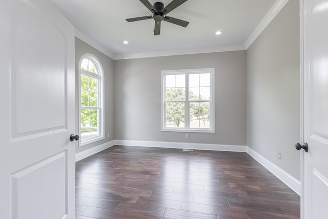 2269 Savannah Ln, Lexington, KY 40513 - empty room featuring ornamental molding, baseboards, dark wood-style flooring, a ceiling fan, and recessed lighting