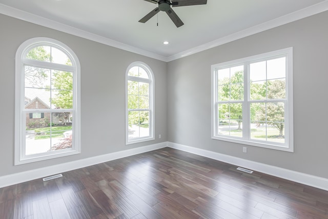 2269 Savannah Ln, Lexington, KY 40513 - unfurnished room with baseboards, ornamental molding, ceiling fan, dark wood-style floors, and recessed lighting