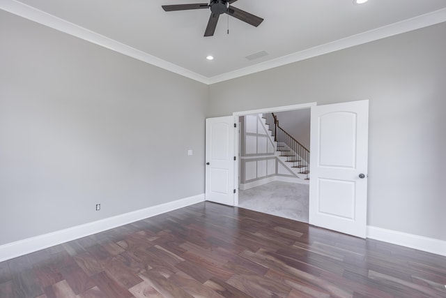 2269 Savannah Ln, Lexington, KY 40513 - empty room featuring a ceiling fan, stairs, crown molding, baseboards, and wood finished floors
