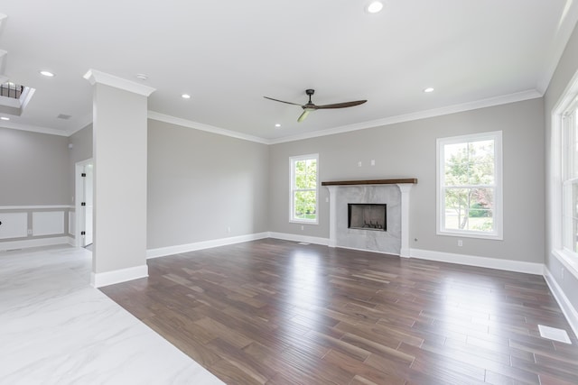 2269 Savannah Ln, Lexington, KY 40513 - unfurnished living room with a ceiling fan, recessed lighting, a high end fireplace, ornamental molding, and wood finished floors
